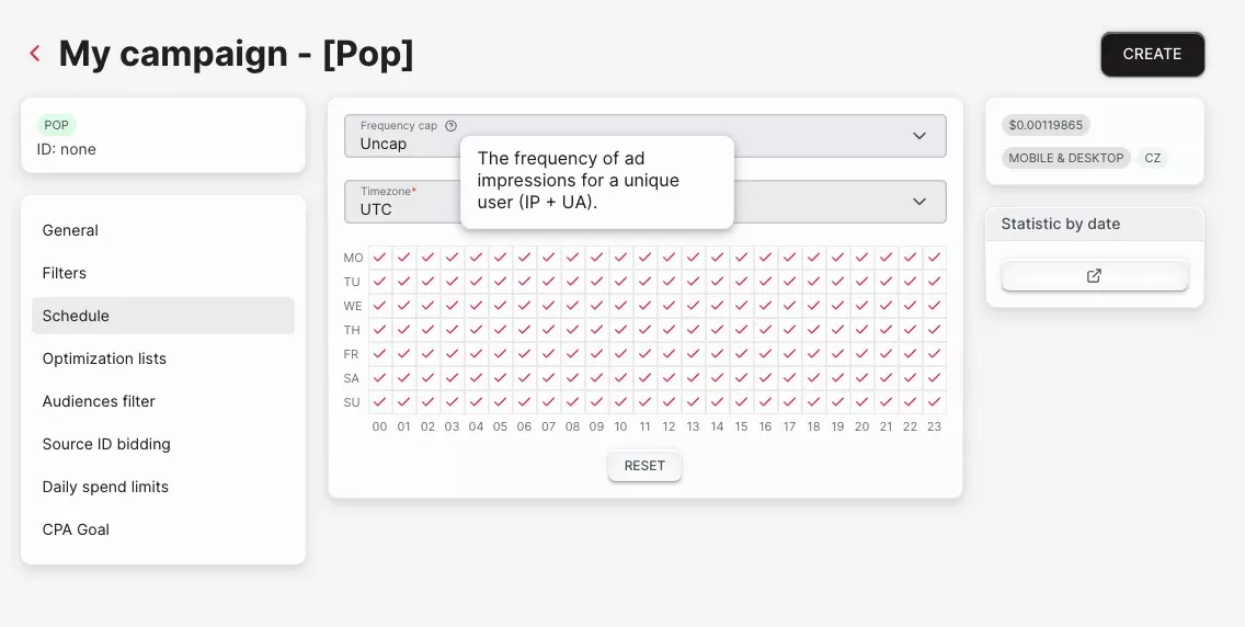 popunder frequency cap schedule